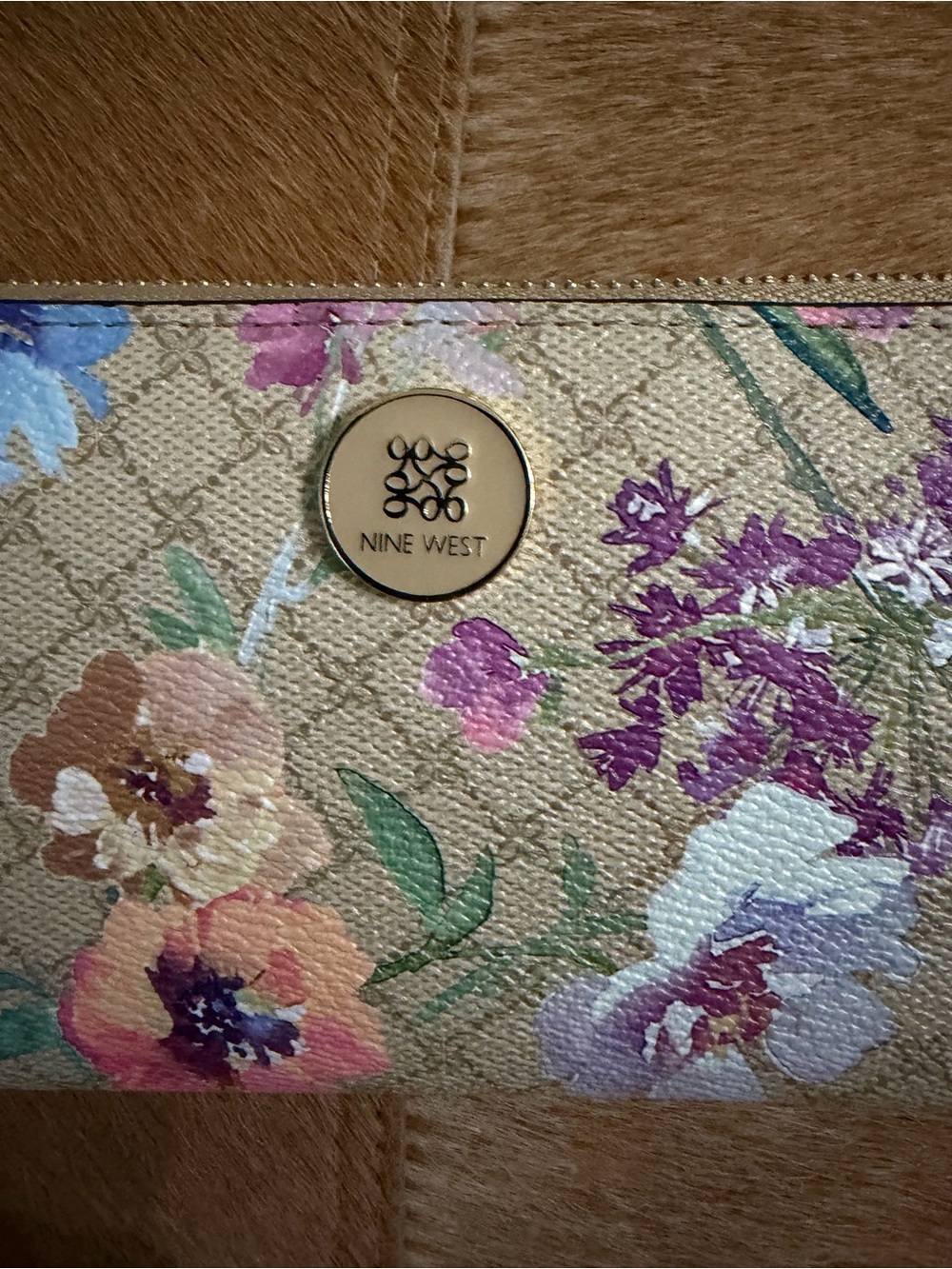 Nine West Beige Floral Zip Wristlet with Gold Medallion